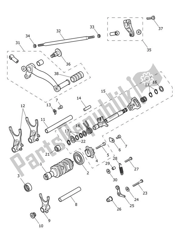 Alle onderdelen voor de Gear Selection Shaft Gear Selector Drum van de Triumph Thruxton 1200 2016 - 2020