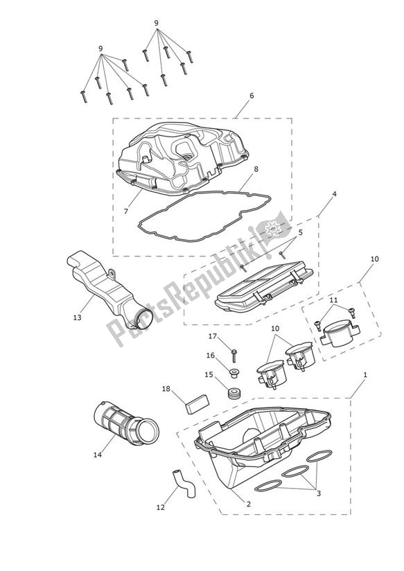 Alle onderdelen voor de Airbox (airfilter) van de Triumph Tiger XR UP TO VIN 855531 1215 2015 - 2017