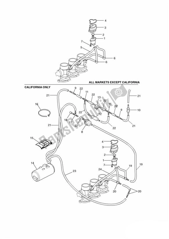 All parts for the Evap System From Engine 71844 Up To 92745 of the Triumph Daytona T 595 / 955I 1997 - 2001