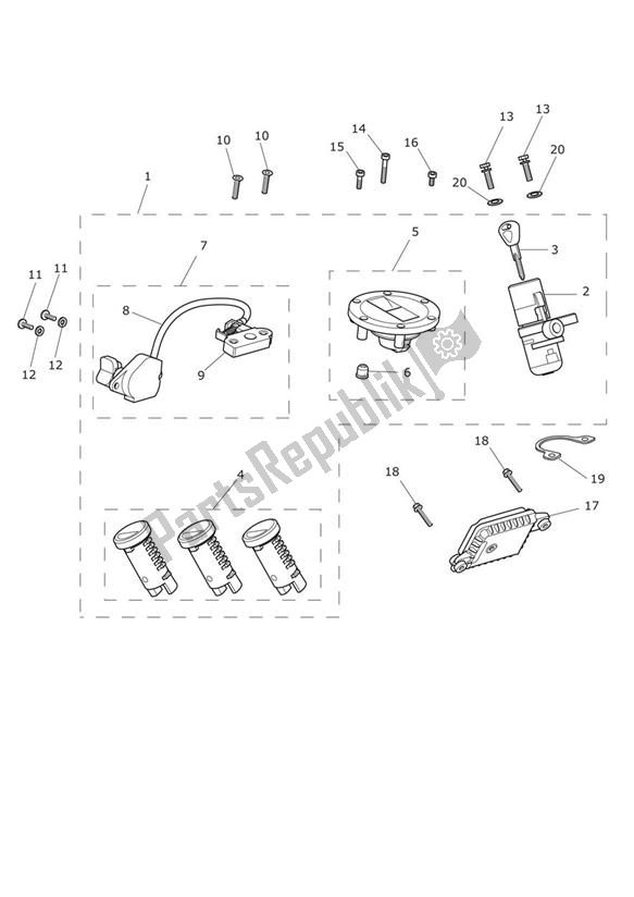 All parts for the Lock Set of the Triumph Tiger 800 XC 2010 - 2020