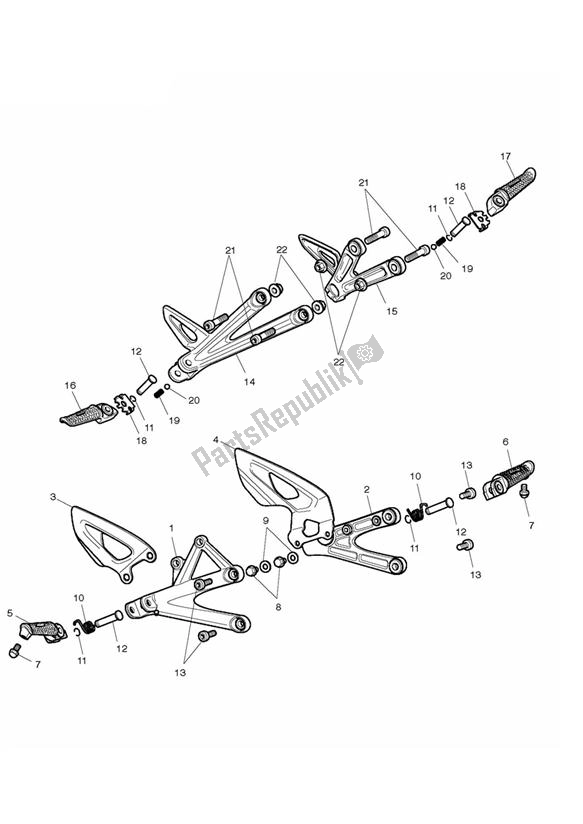 Alle onderdelen voor de Voetsteunen van de Triumph Daytona R UP TO VIN 564947 675 2009 - 2017