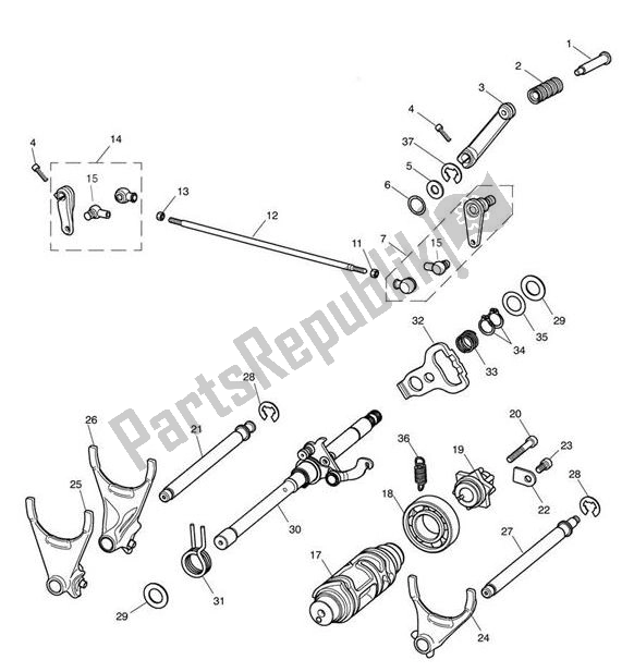 All parts for the Gear Selector Drum Gear Selection Shaft of the Triumph Thunderbird Night/storm 1699 2011 - 2017