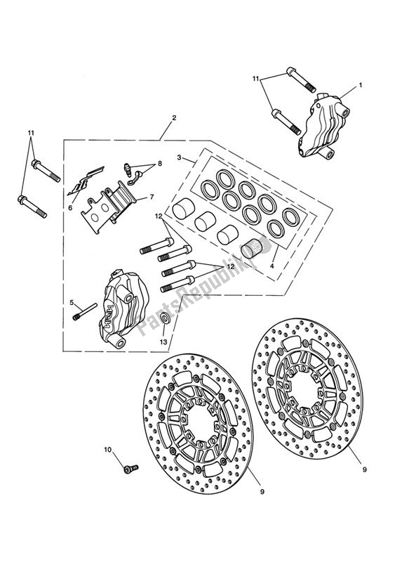 All parts for the Caliper Breakdiscs Front of the Triumph Daytona 675 UP TO VIN 381274 2006 - 2012