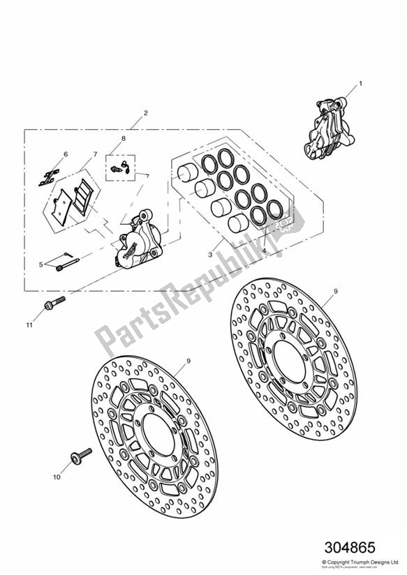 All parts for the Front Wheel Caliper Breakdisc of the Triumph TT 600 599 2000 - 2003