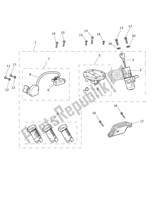 All parts for the Lock Set of the Triumph Tiger XCX UP TO VIN 855531 1215 2015 - 2017