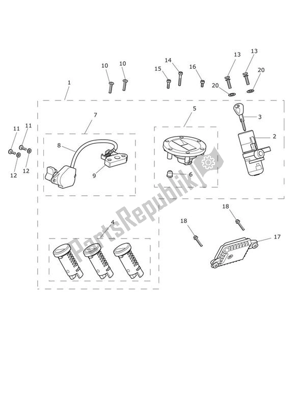 All parts for the Lock Set of the Triumph Tiger XRX UP TO VIN 855531 1215 2015 - 2017