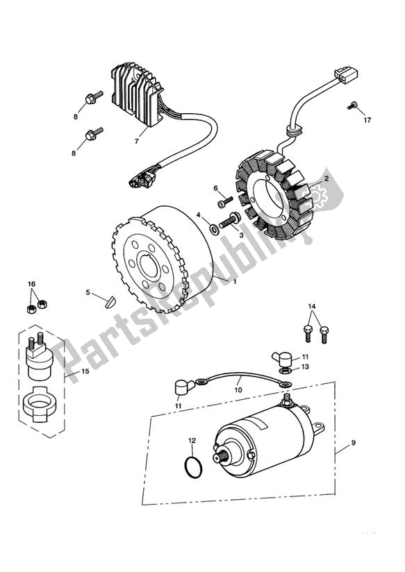 All parts for the Starter Generator of the Triumph Tiger 955I Spoked 2001 - 2006