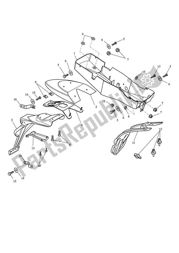 All parts for the Mudguard Rear of the Triumph Speed Triple 1050 UP TO VIN 333178 2005 - 2010