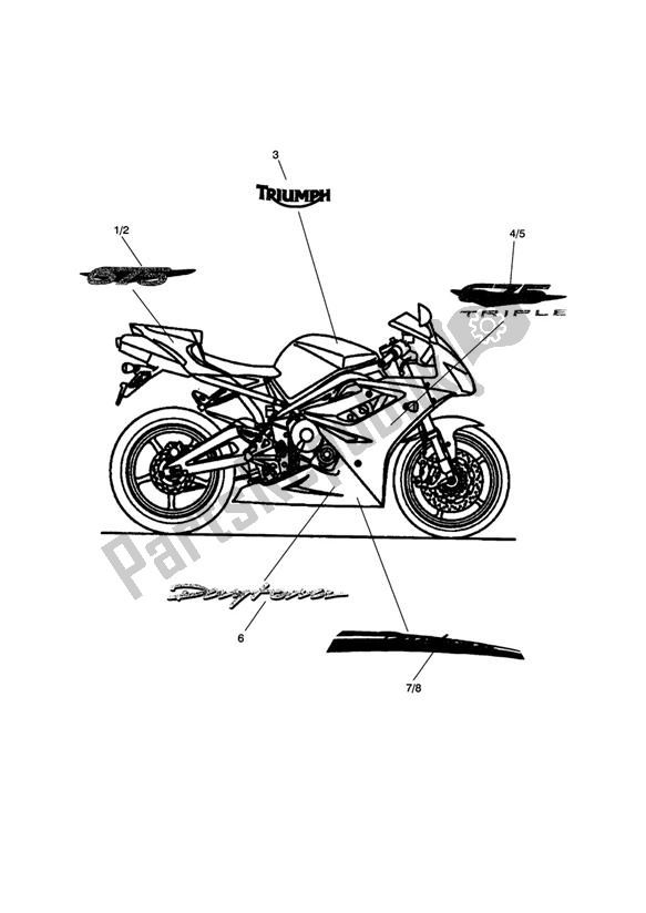 Wszystkie części do Decal From 404743 For Weiss, From 429247 For Red, From 429653 For Black Triumph Daytona 675 UP TO VIN 564947 2006 - 2017