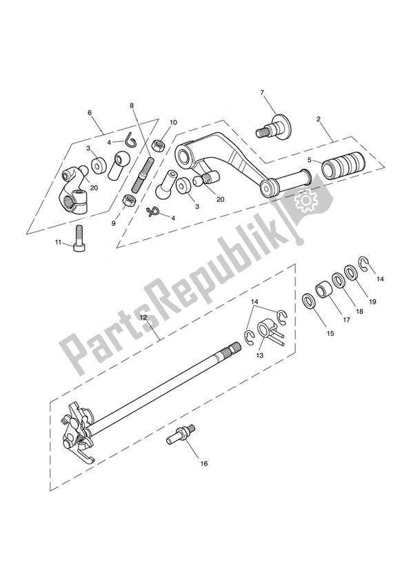 All parts for the Gear Selection Shaft Up To Engine340169 of the Triumph Tiger 1050 & SE 2007 - 2013