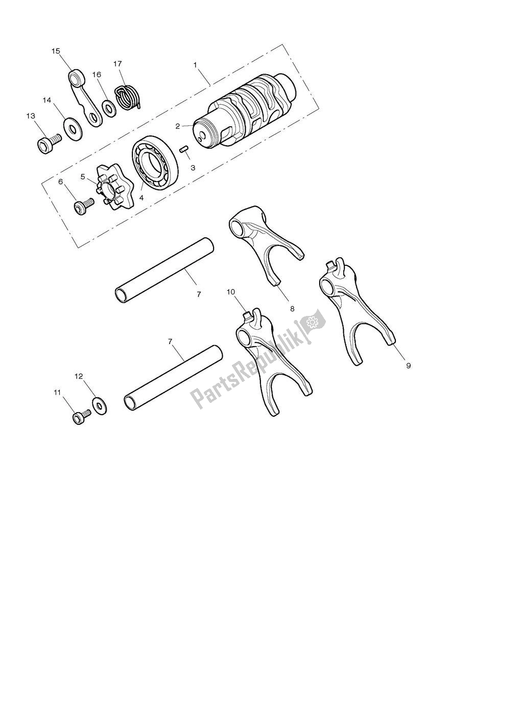 All parts for the Gear Selector Drum of the Triumph Street Triple 675 2008 - 2012