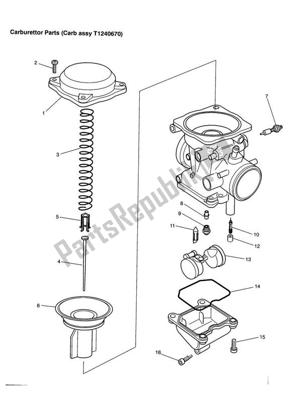 All parts for the Carburettor Parts Carburettor Assembly T1240670 of the Triumph Adventurer VIN: 71699 > 844 1999 - 2001