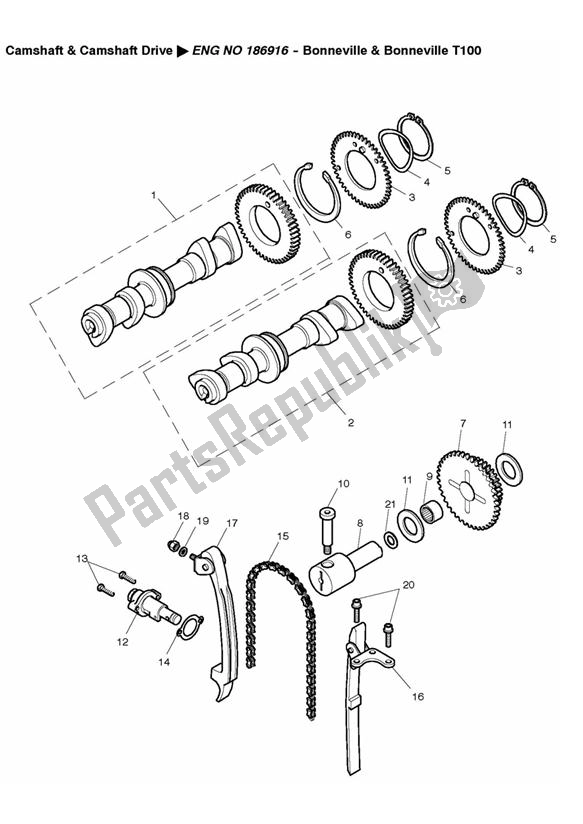 All parts for the Camshaft And Drive > Eng No 186916 - Bonneville & Bonneville T100 of the Triumph Bonneville & T 100 Carburettor 790 2001 - 2006