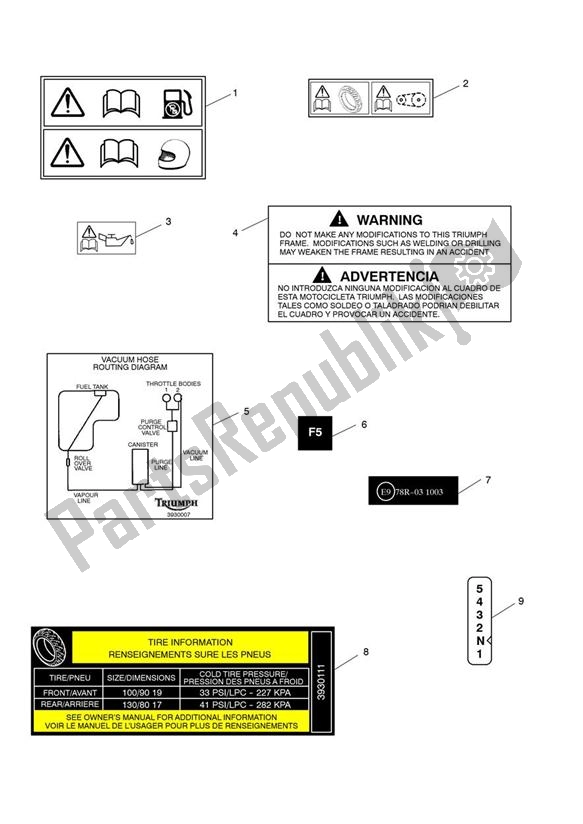 All parts for the Warning Labels of the Triumph Bonneville T 100 EFI 865 2007 - 2010