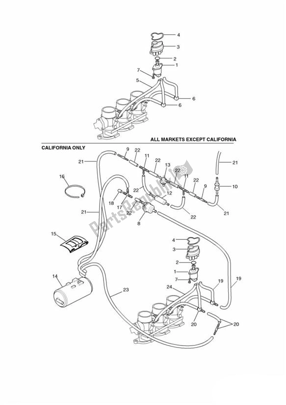 All parts for the Evaporative Loss Equipment Eng No 71844 > > Eng No 92745 of the Triumph Daytona 595 / 955I 1997 - 2001