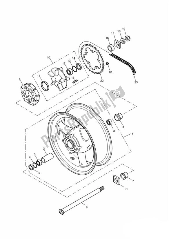 All parts for the Rear Wheel/final Drive of the Triumph Daytona 600 & 650 2004 - 2008