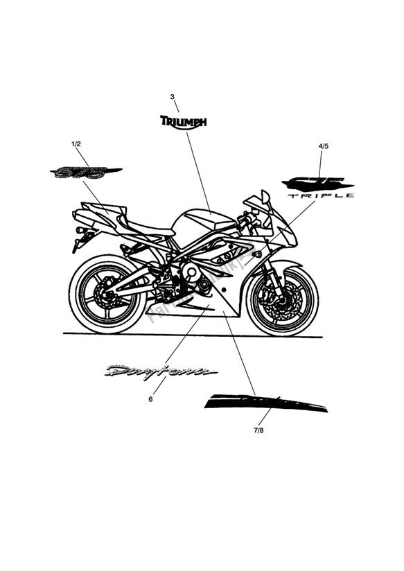 All parts for the Bodywork - Decals; 411984> White Bikes, 429247> Red Bikes & 429653> Black Bikes of the Triumph Daytona 675 VIN: > 381275 2006 - 2008