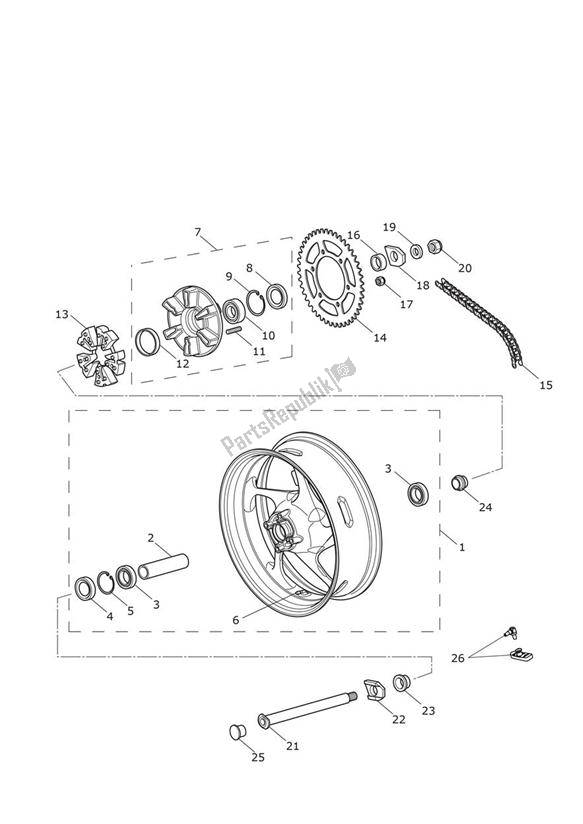 All parts for the Rear Wheel & Final Drive of the Triumph Daytona 675 VIN 564948 > 2013 - 2014