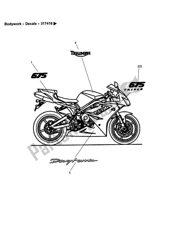 All parts for the Bodywork - Decals 317418> of the Triumph Daytona 675 VIN: < 381274 2006 - 2008