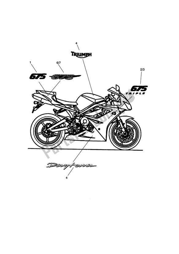 All parts for the Bodywork - Decals; >411983 - White Bikes, >429246 - Red Bikes & >429652 - Black of the Triumph Daytona 675 VIN: 381275-VIN: 564947 2009 - 2012