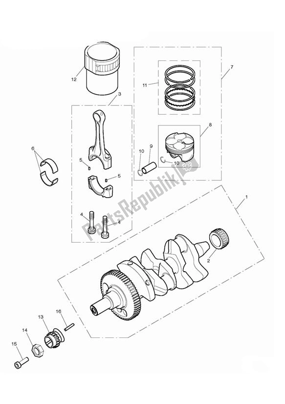 All parts for the Crankshaft, Connecting Rods, Pistons & Liners of the Triumph Daytona 675 VIN: 381275-VIN: 564947 2009 - 2012