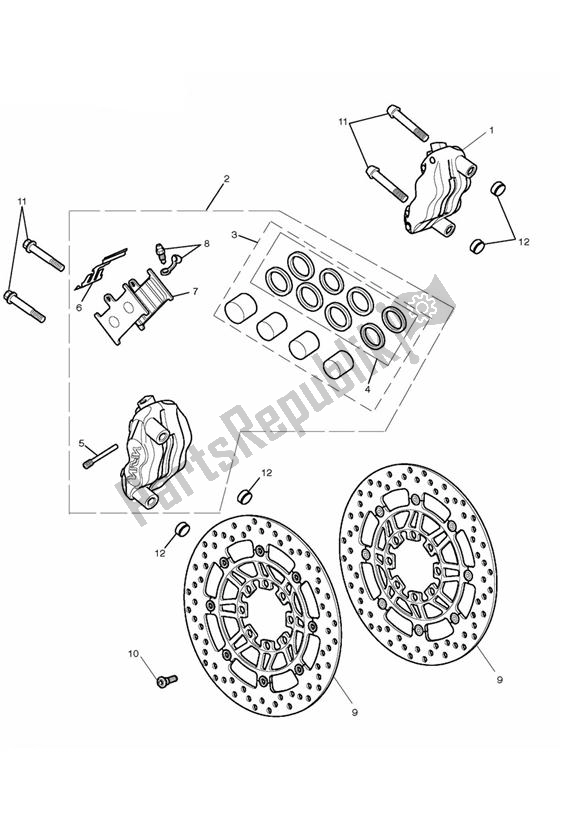 All parts for the Front Brake Caliper & Discs - Excluding 675r of the Triumph Daytona 675 VIN: 381275-VIN: 564947 2009 - 2012