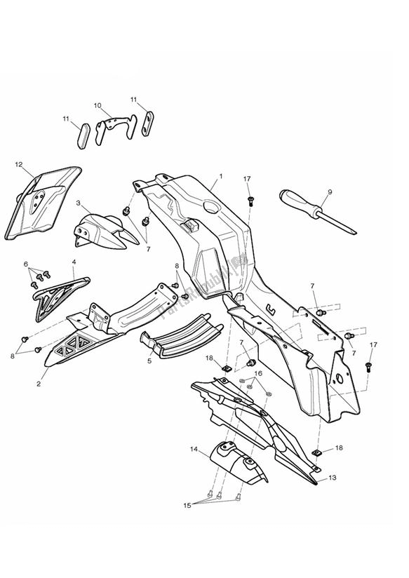 All parts for the Rear Mudguard & Battery Box of the Triumph Daytona 675 VIN: 381275-VIN: 564947 2009 - 2012