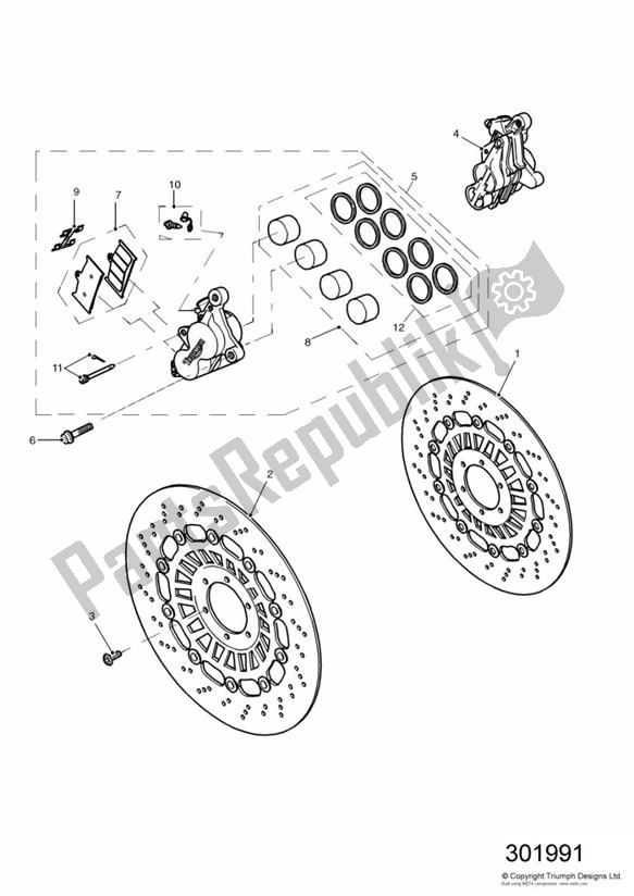 Alle onderdelen voor de Front Brake Caliper And Disc van de Triumph Daytona 955I VIN: > 132513 2002 - 2005