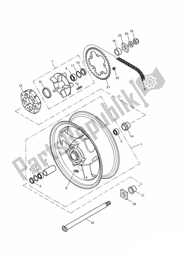All parts for the Rear Wheel/final Drive Double Sided Swingarm of the Triumph Daytona 955I VIN: > 132513 2002 - 2005