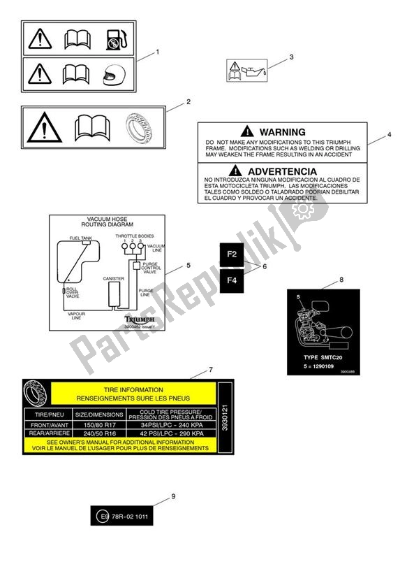 Todas las partes para Etiquetas De Advertencia de Triumph Rocket III, Classic & Roadster 2300 2005 - 2012