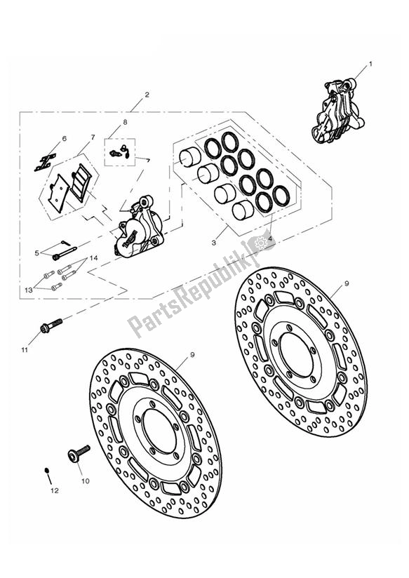 All parts for the Front Brake Caliper & Discs of the Triumph Rocket III Touring 2300 2008 - 2013