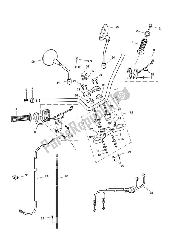 All parts for the Handlebars, Top Yoke, Cables & Mirrors of the Triumph Scrambler EFI 865 2007 - 2014