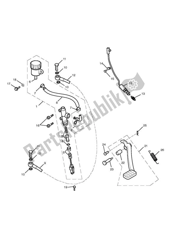 All parts for the Rear Brake Master Cylinder, Reservoir & Pedal of the Triumph Scrambler EFI 865 2007 - 2014
