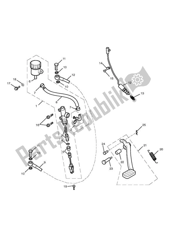 All parts for the Rear Brake Master Cylinder, Reservoir & Pedal of the Triumph Scrambler EFI 865 2007 - 2011