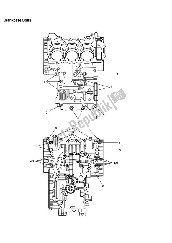 All parts for the Crankcase Bolts of the Triumph Speed Triple VIN: 210445-461331 1050 2005 - 2010