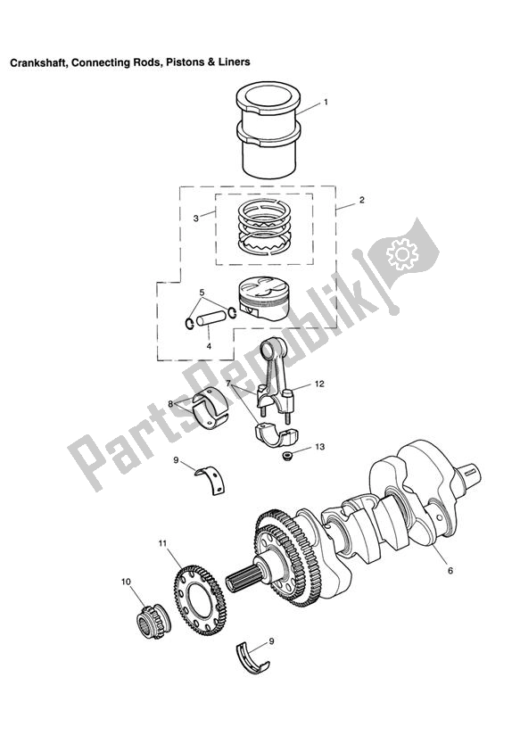 All parts for the Crankshaft, Connecting Rods, Pistons & Liners of the Triumph Speed Triple VIN: 210445-461331 1050 2005 - 2010