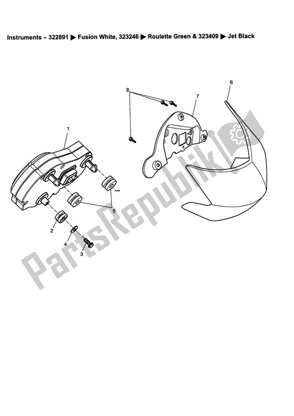 All parts for the Instruments 322891>333178 Fusion White; 323246>333178 Roulette Green; 323409>333 of the Triumph Speed Triple VIN: 210445-461331 1050 2005 - 2010