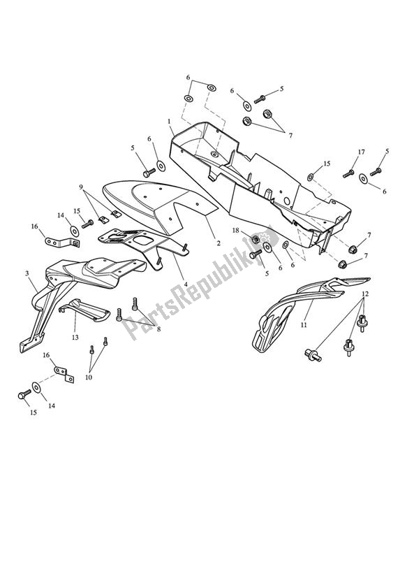 All parts for the Rear Mudguard & Battery Box of the Triumph Speed Triple VIN: 210445-461331 1050 2005 - 2010