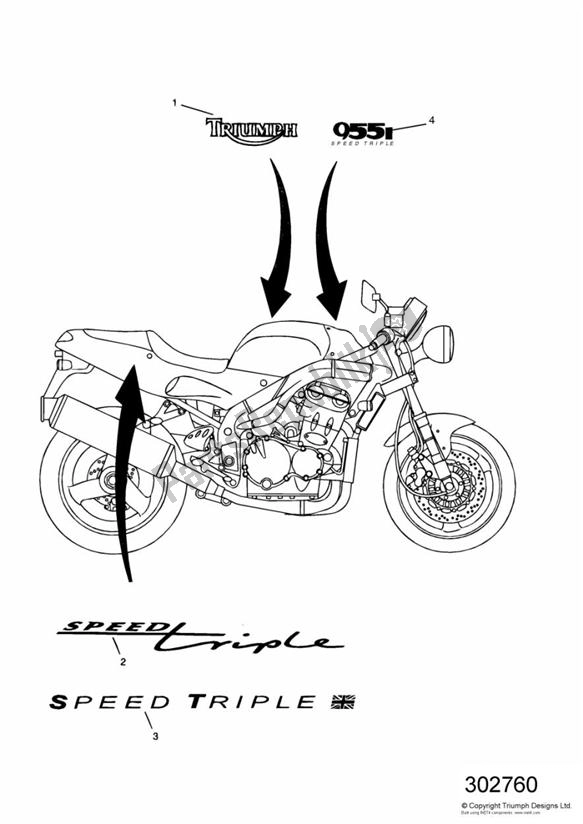 Todas as partes de Bodywork - Decals 955cc Engine do Triumph Speed Triple 885 / 955 EFI VIN: > 141871 1997 - 2001