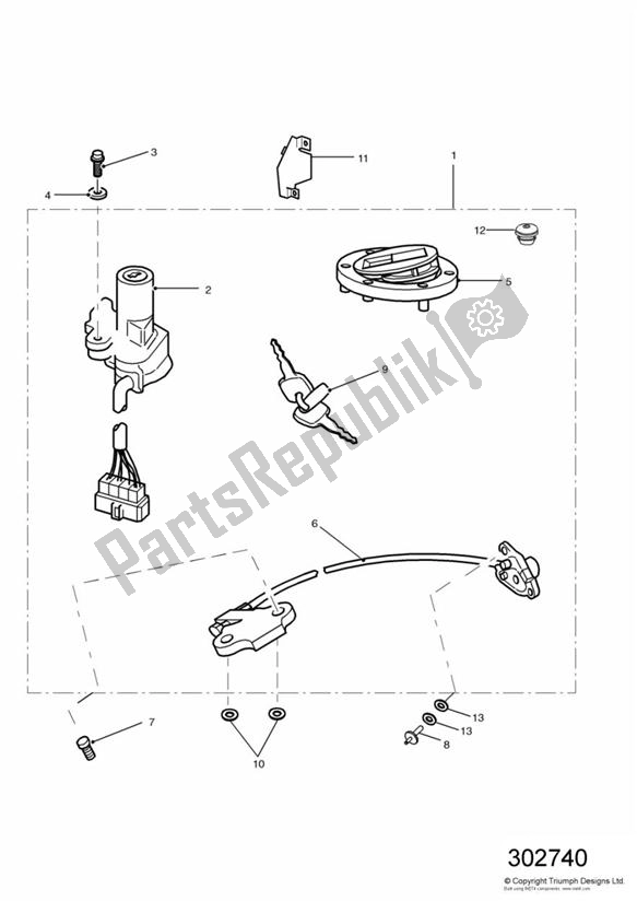 All parts for the Ignition Switch & Lock Set of the Triumph Speed Triple 885 / 955 EFI VIN: > 141871 1997 - 2001