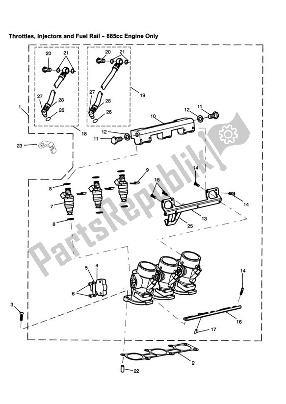 Alle onderdelen voor de Throttles/injectors And Fuel Rail 885cc Engine van de Triumph Speed Triple 885 / 955 EFI VIN: > 141871 1997 - 2001