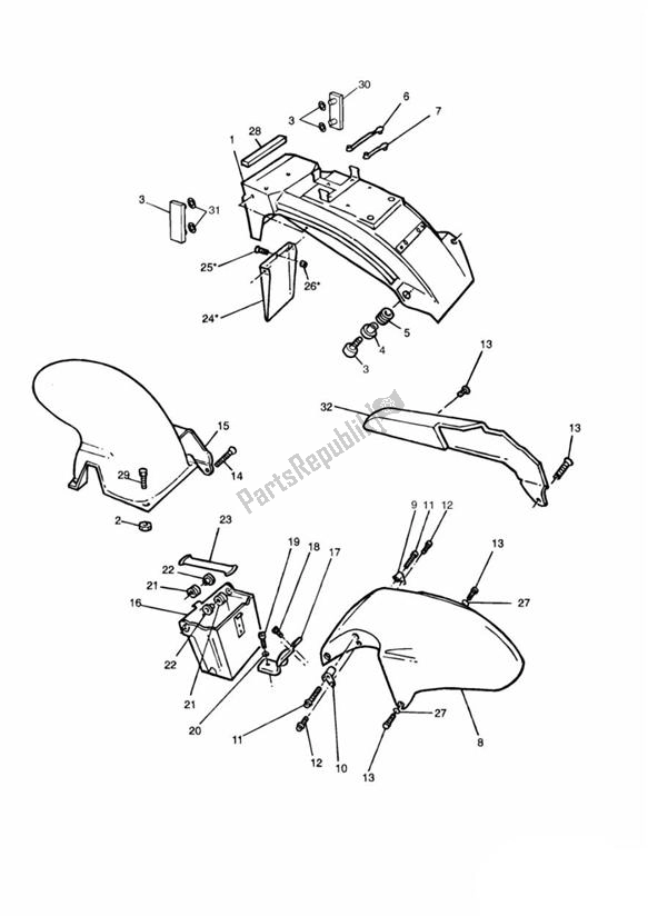 All parts for the Mudguards/chainguard/battery Box of the Triumph Speed Triple Carburettor 885 1992 - 1995