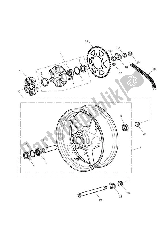 All parts for the Rear Wheel & Final Drive of the Triumph Street Triple 675 2010 - 2012