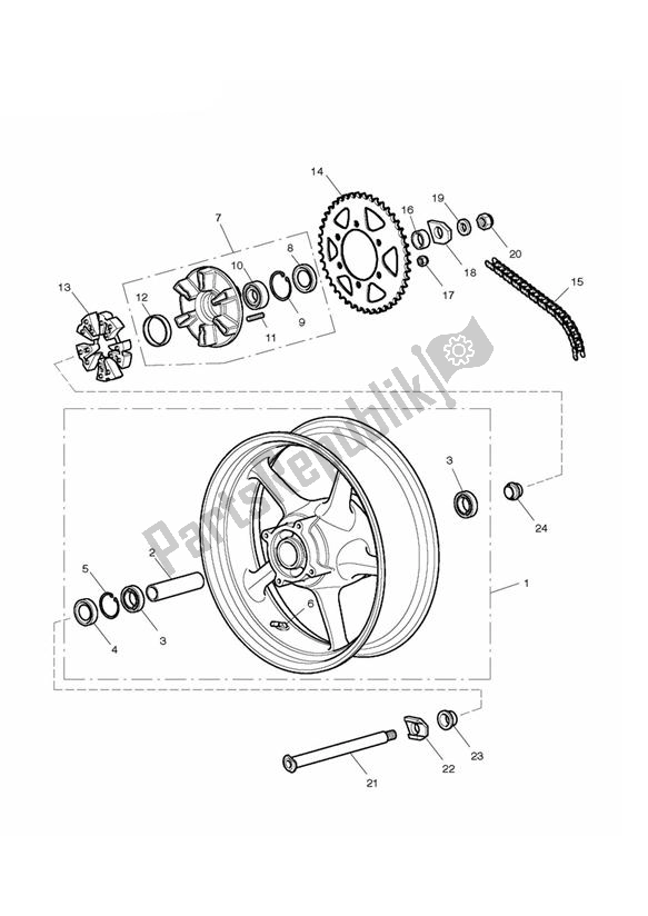 All parts for the Rear Wheel & Final Drive of the Triumph Street Triple R 675 2010 - 2012