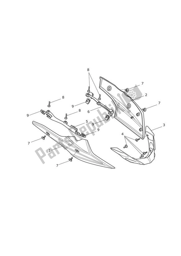 All parts for the Bellypan of the Triumph Street Triple R VIN: 560477-806645 675 2013 - 2016