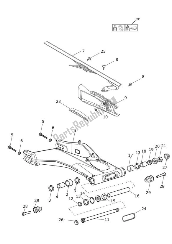 All parts for the Rear Swingarm of the Triumph Street Triple R VIN: 560477-806645 675 2013 - 2016