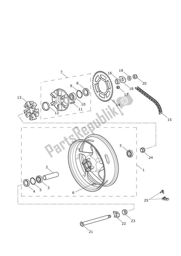 All parts for the Rear Wheel & Final Drive of the Triumph Street Triple R VIN: 560477-806645 675 2013 - 2016