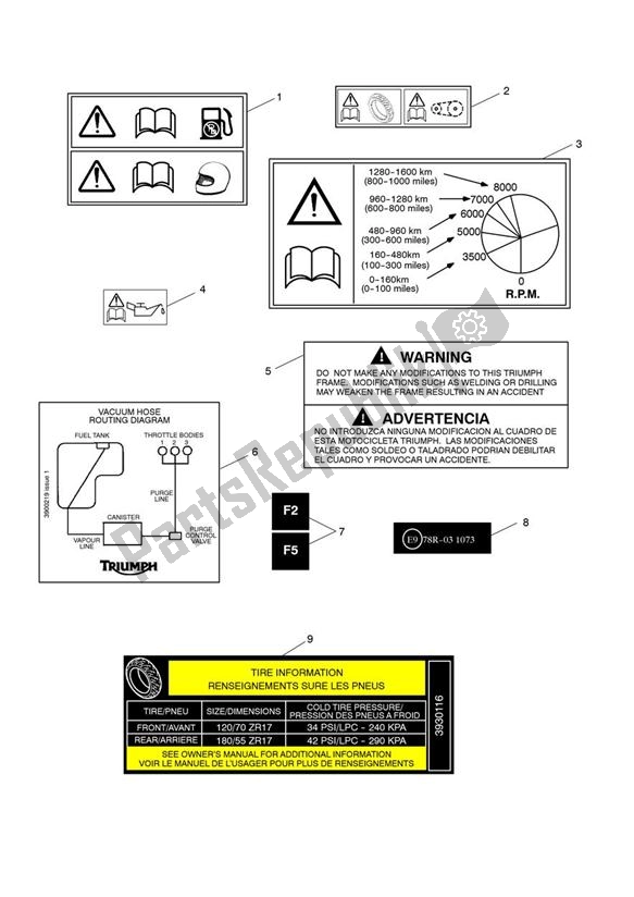 Tutte le parti per il Etichette Di Avvertimento del Triumph Street Triple VIN: < 560476 675 2009 - 2012