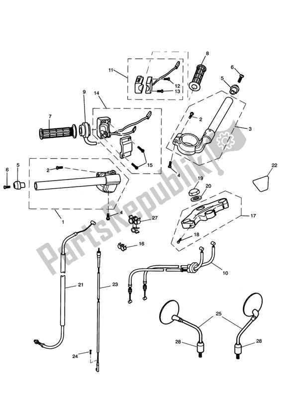 Alle onderdelen voor de Handlebars, Top Yoke, Cables & Mirrors van de Triumph Thruxton 900 Carburettor 2005 - 2007