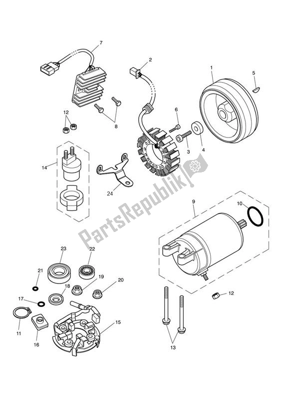 All parts for the Starter & Alternator of the Triumph Thruxton 900 EFI 2008 - 2010
